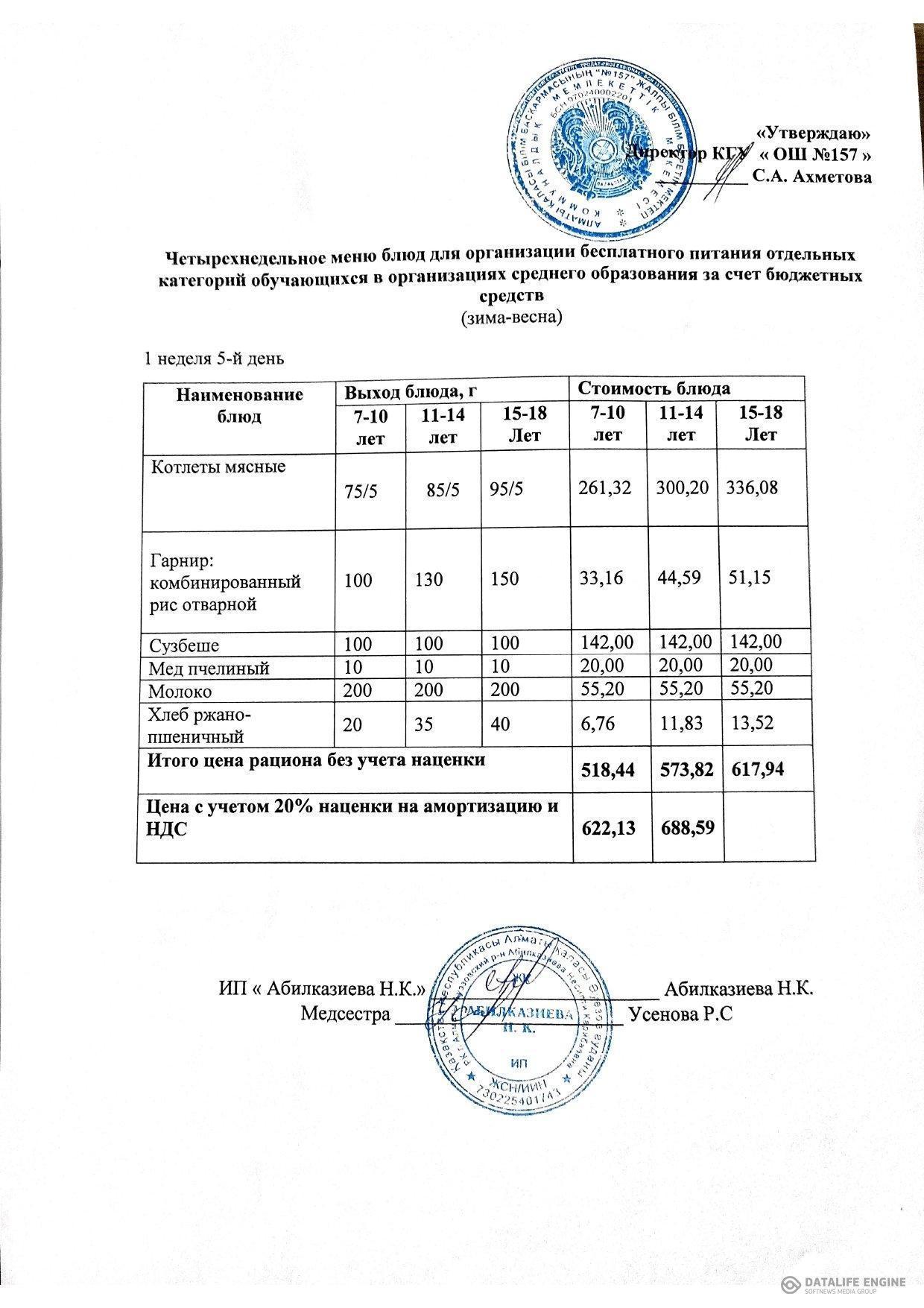 Ас мәзірі.Меню блюд.