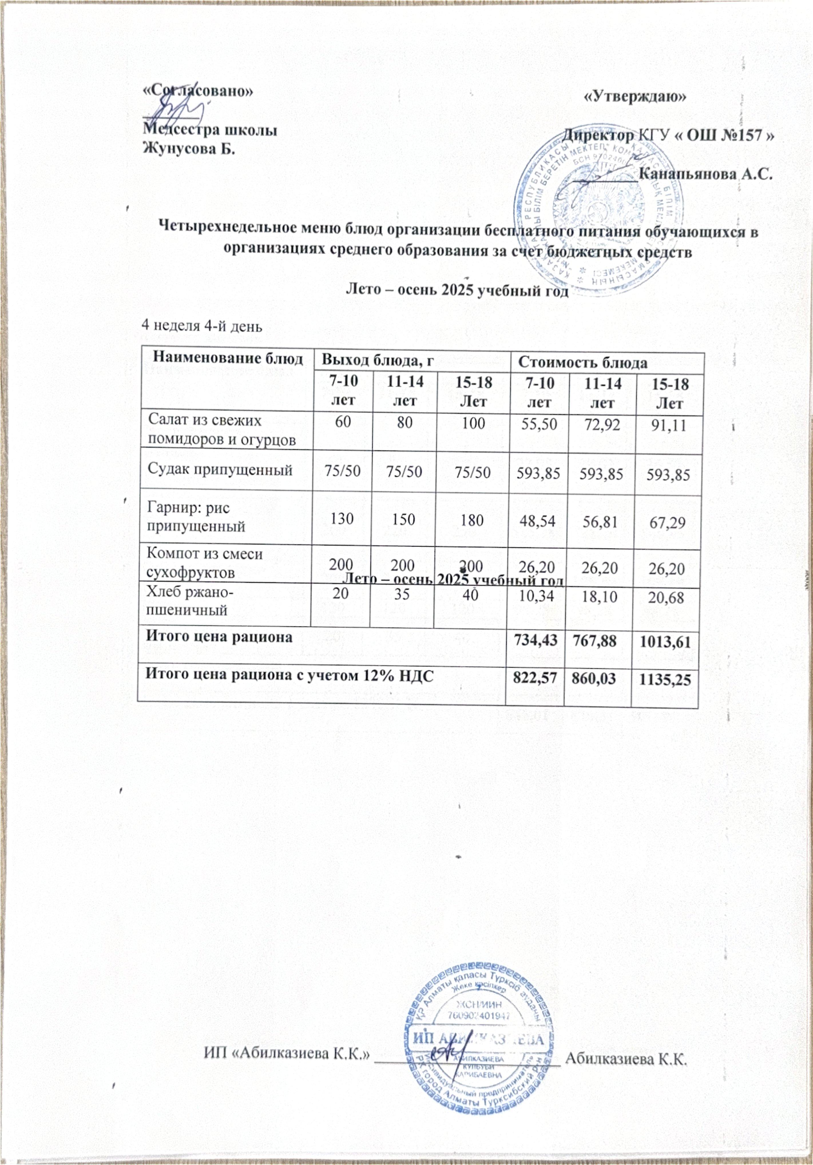 Ас мәзірі. Меню блюд