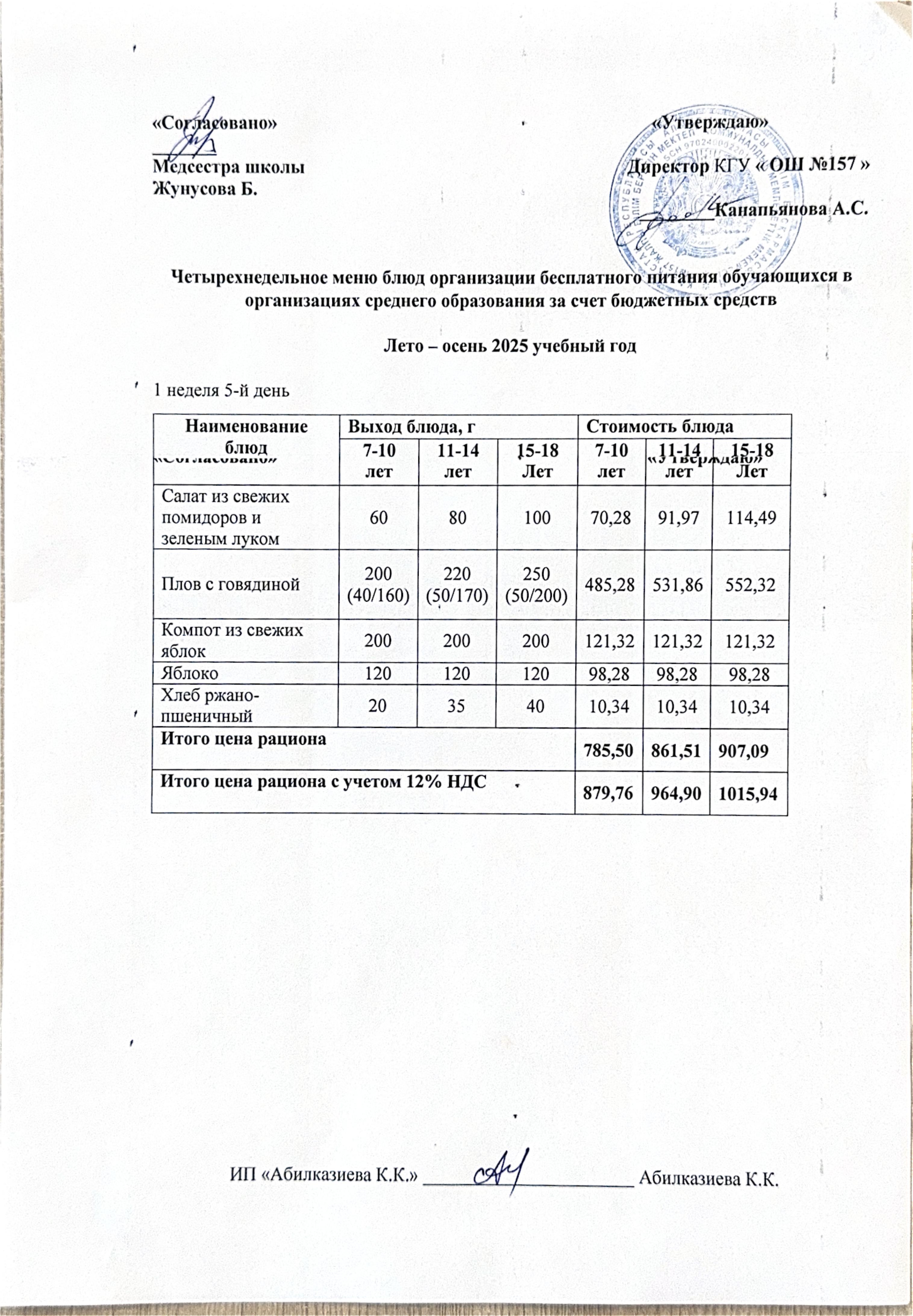 Ас мәзірі. Меню блюд