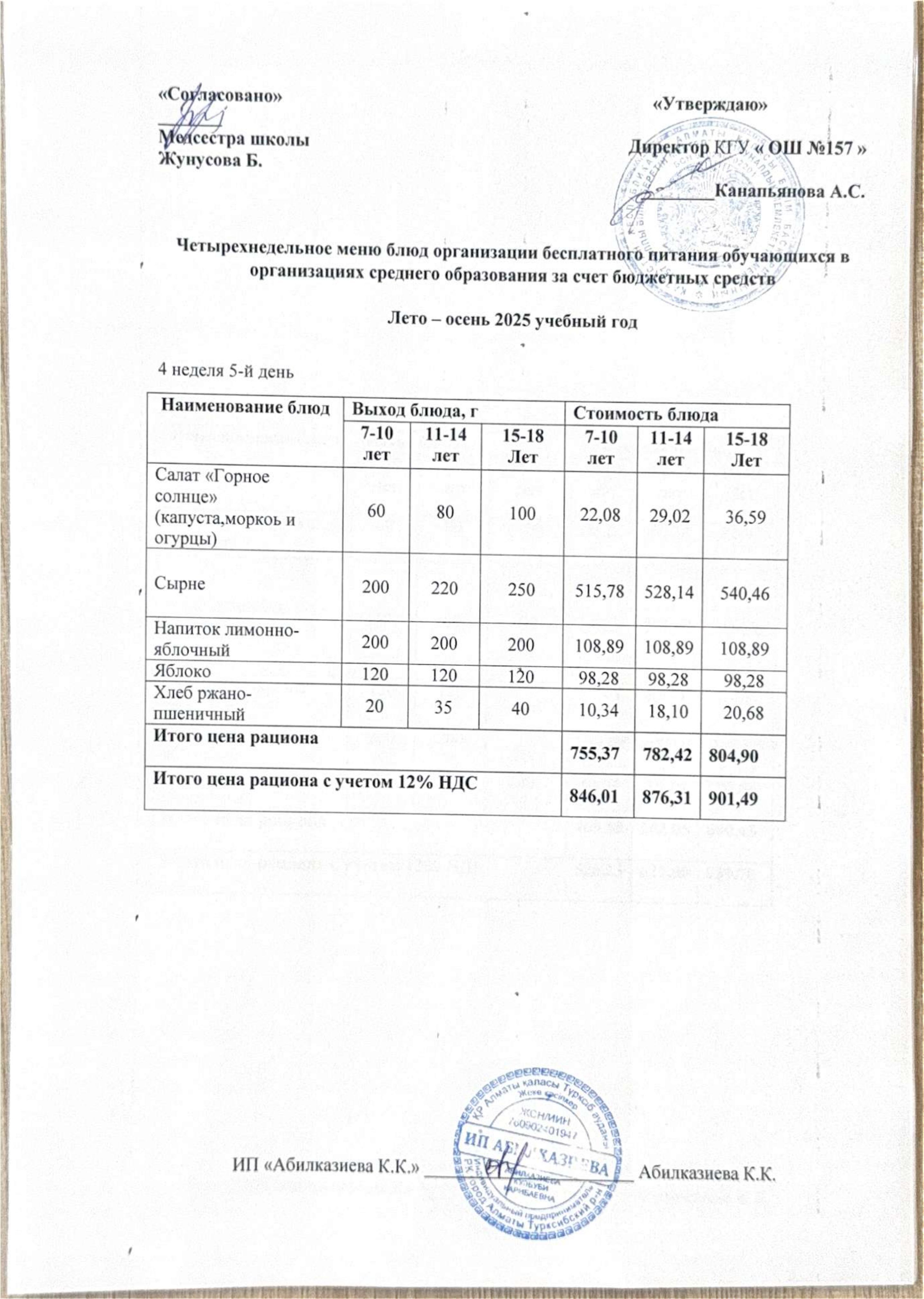 Ас мәзірі. Меню блюд