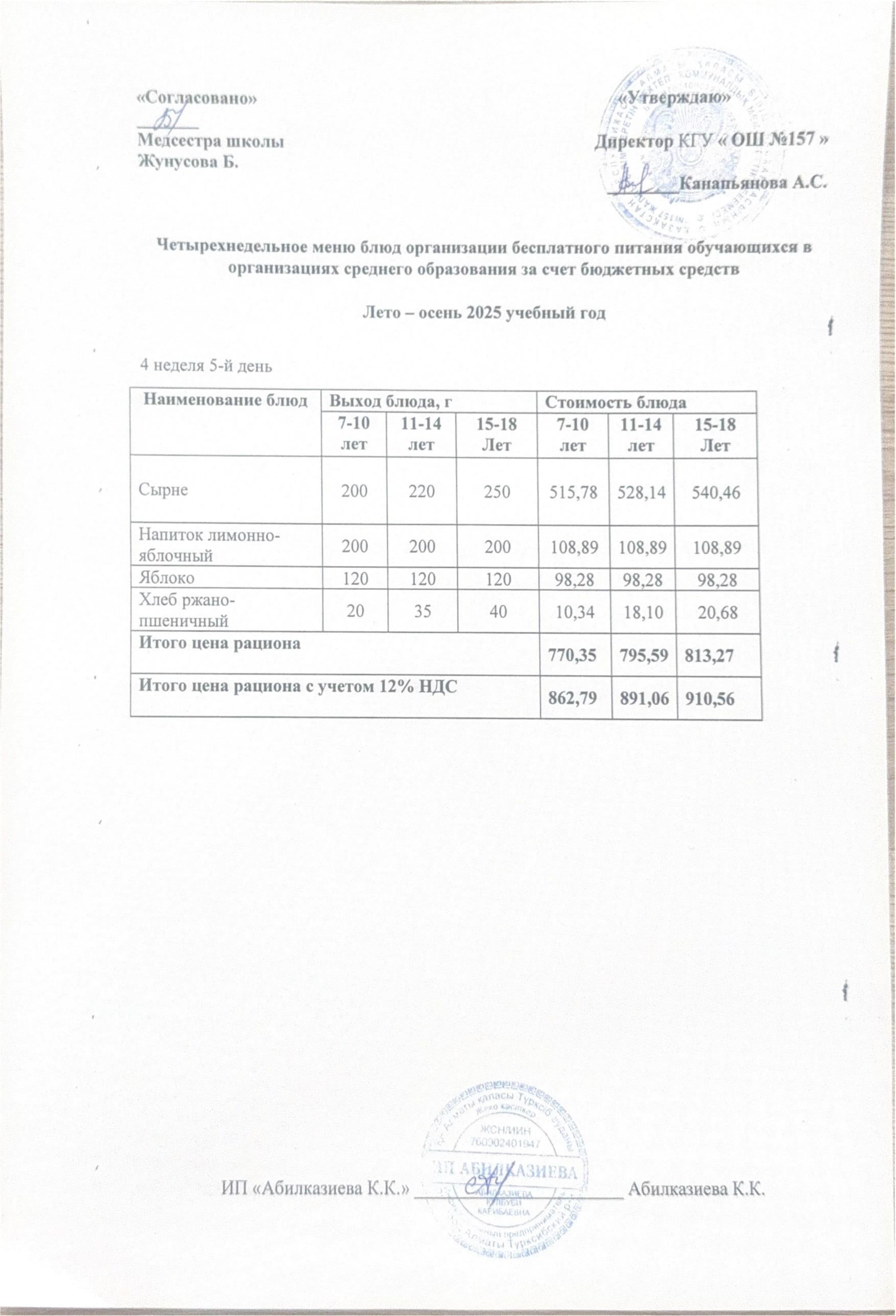 Ас мәзірі. Меню блюд